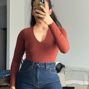 Abercrombie & Fitch Rust Long-Sleeve V-Neck Bodysuit